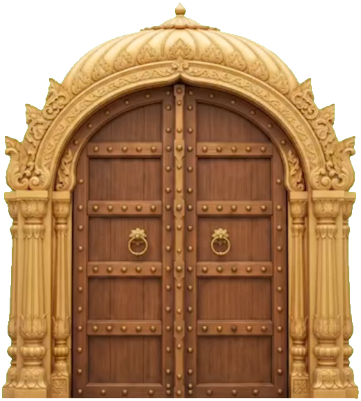 An ornate gate revealing Sagai and Sangeet: 27 October, 6:15 PM, Sajjangarh Lawn.